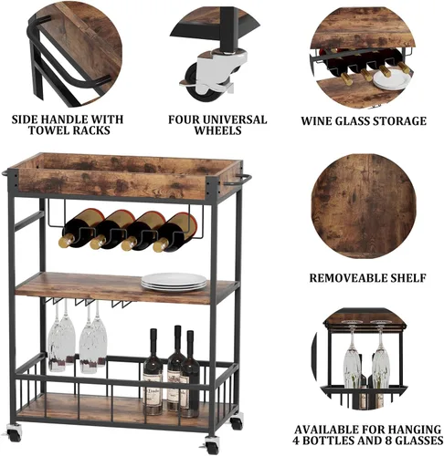 Miniatura 5 de Carro de servicio para bar con soporte para vino de 3 niveles para el hogar, con ruedas, móvil, estilo industrial vintage, carretilla de servicio