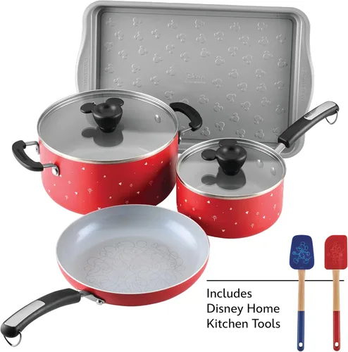 Farberware Disney Bon Voyage - Juego de ollas y sartenes antiadherentes de cerámica con bandeja para hornear, bandeja para galletas y herramientas