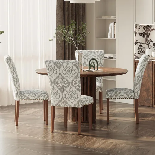Miniatura 10 de Juego de 2 sillas de comedor de granja, respaldo alto con patas de madera y ribete de cabeza de clavo, silla de comedor de tela moderna