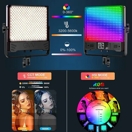 Miniatura 5 de GVM - Luz de video LED de 50 W con softboxes, RGB+bicolor de doble cara, cada lado 50 W, kit de iluminación de video con control Bluetooth, luces