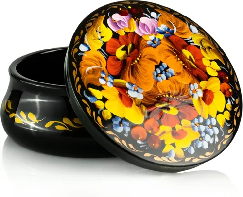Miniatura 2 de UA Creations - Joyero redondo pequeño con flores sobre laca negra diseño floral