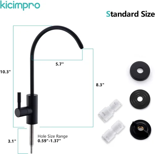 Miniatura 5 de Grifo de cocina Kicimpro de acero inoxidable con acabado negro mate RO, grifo de filtro de agua para fregadero de 0.59-1.37 pulgadas, grifo