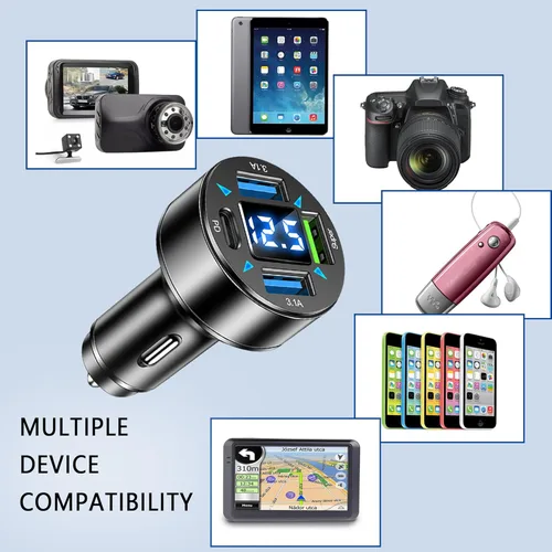 Miniatura 4 de Cargador de Coche Rápido, Cargador USB de 4 Puertos con Encendedor de Cigarrillos y Voltímetro LED, Adaptador de Cargador de Coche PD3.1/Super Port