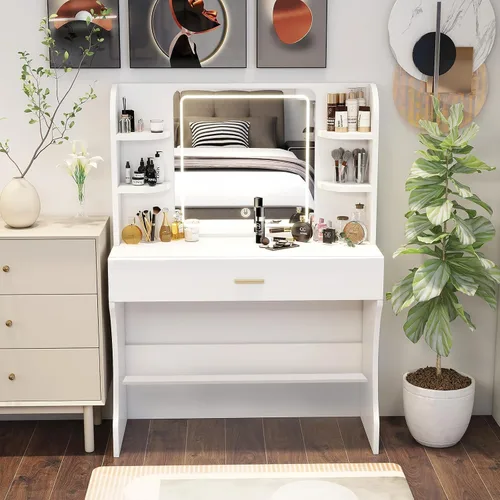 Miniatura 7 de Escritorio de tocador, tocador de maquillaje con espejo y luces, mesa de maquillaje blanca con cajón grande, toma de corriente, eslabones más