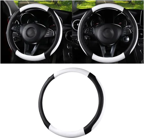 Miniatura 6 de HZEL Funda para volante de automóvil, protector de volante de vehículo de cuero de fibra de carbono, antideslizante, transpirable, accesorios
