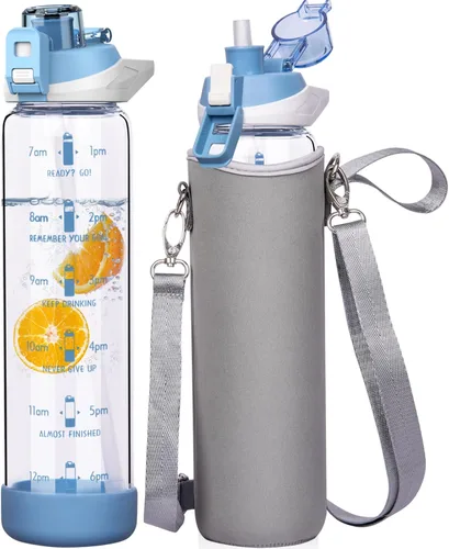 Botella de agua deportiva de vidrio de 32 onzas con popote y marcador de tiempo, botella de vidrio motivacional reutilizable grande para agua Cerúleo