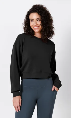 Miniatura 4 de ODODOS Sudaderas cortas de manga larga suaves de modal para mujer, de gran tamaño, cuello redondo