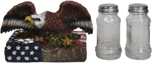 Miniatura 3 de Ebros Gift Águila calva patriótica americana con rama de olivo posada en base de la bandera de Estados Unidos soporte decorativo de sal y pimentero