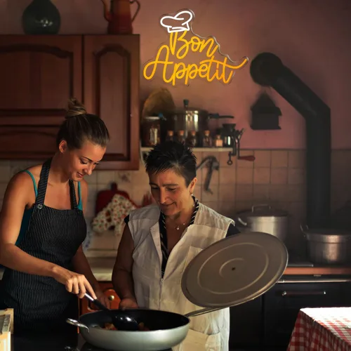 Miniatura 5 de Bon Appetit - Letrero LED con sombrero de chef, letras doradas, luces de neón para restaurante, estilo francés, neón regulable, LED, "16.5 x 12.6