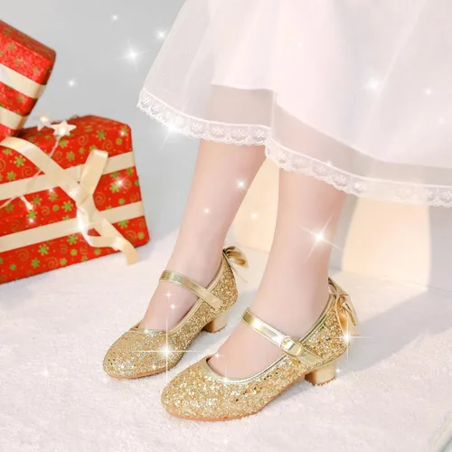 Miniatura 2 de Dufannie Zapatos de vestir para niñas, zapatos de tacón bajo de princesa, zapatos planos con purpurina para bodas y fiestas
