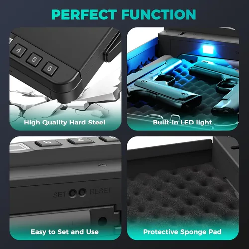 Miniatura 7 de Caja fuerte para pistolas biométrica, caja fuerte para 2 pistolas, acceso rápido a pistola con huella digital, PIN o cerradura de llave recargable