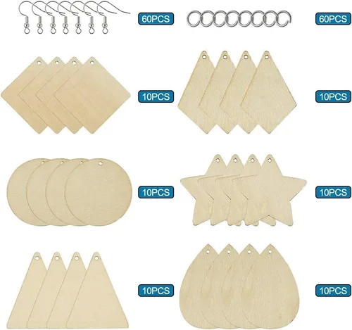 Miniatura 4 de Mega Pet Juego de 60 colgantes de madera en blanco sin acabar, triángulo, rombo, lágrima, estrella, forma redonda, plana, kit de bricolaje