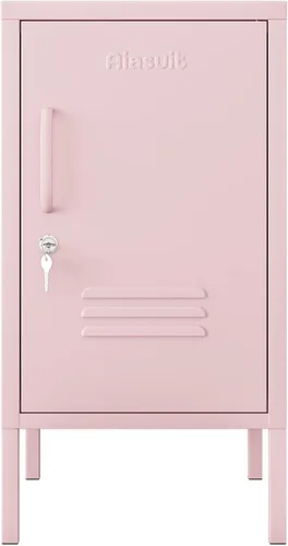 Miniatura 6 de Mesa auxiliar de una sola puerta, armario de almacenamiento de metal con cerradura, mesita de noche para niños de 2 niveles con estante ajustable