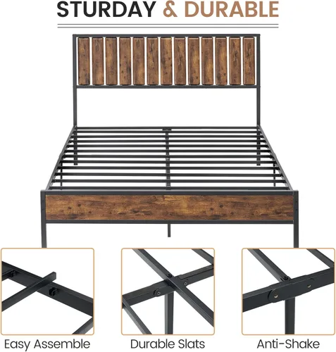 Miniatura 7 de IDEALHOUSE Base de cama Queen con cabecera de madera, marco de cama de metal con plataforma Queen con 14 listones de acero resistente, más
