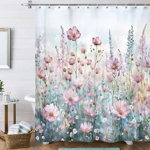 Cortina de ducha floral bohemia, juego de cortinas de ducha de tela de flores románticas de acuarela rosa colorida, juego de accesorios de baño de