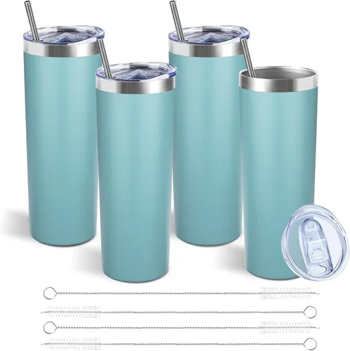 Miniatura 35 de Vaso delgado de 20 onzas con tapa y pajita, vaso de acero inoxidable aislado al vacío, taza de café de doble pared a prueba de fugas, vaso térmico