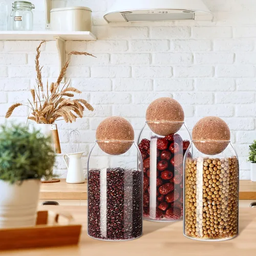 Miniatura 6 de 3 piezas de tarro de vidrio con tapa de corcho esférico decorativo, botella redonda sellada, recipiente de almacenamiento, organizador con sello