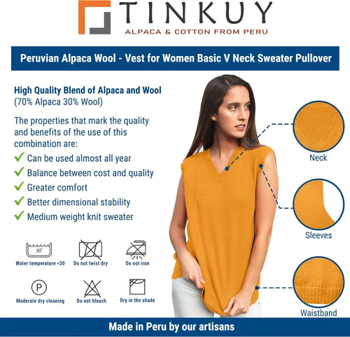 Miniatura 5 de TINKUY PERU - Chaleco de lana de alpaca con cuello en V para mujer, S-4XL