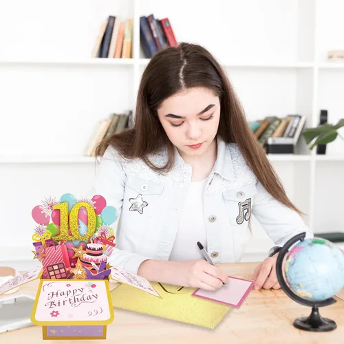 Miniatura 5 de Asmallgf Tarjeta Emergente Feliz 10 Cumpleaños para Hija Sobrina, Mejor Regalo de Cumpleaños para Niña Niño de 10 Años, Dulces Decoraciones