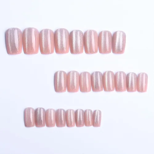 Miniatura 3 de BFY Uñas postizas a presión de ojo de gato, uñas postizas cuadradas medianas, uñas acrílicas de gel rosa claro, kit de uñas postizas holográficas