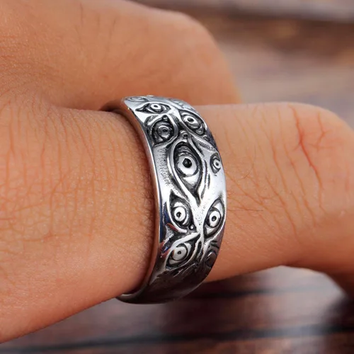Miniatura 5 de PMTIER - Anillo vintage de acero inoxidable con grabado de ojo de dios para hombre, tono plateado