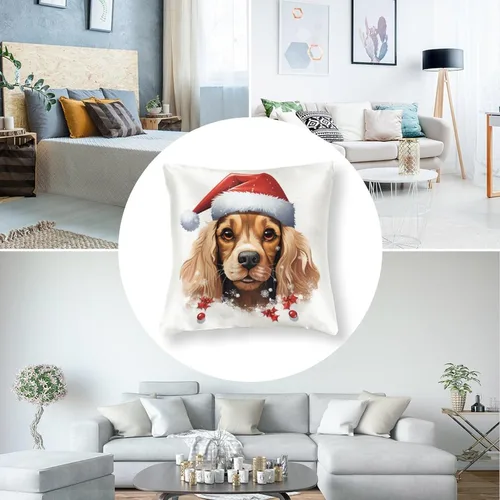 Miniatura 5 de Divertidas fundas de almohada de satén de Navidad con diseño de perro y cocker spaniel con gorro de Papá Noel, copos de nieve, decoración