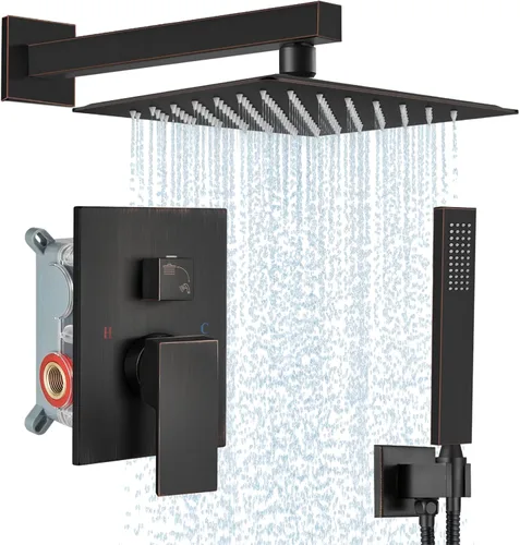 Midanya Sistema de ducha de lluvia, cabezal de ducha cuadrado de lluvia, juego de grifo de ducha con rociador de mano, kit de moldura de válvula
