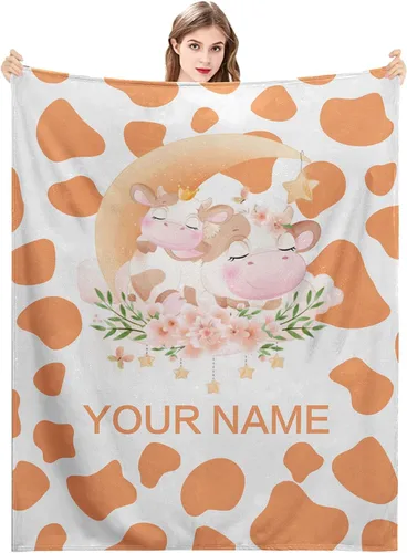 Miniatura 10 de Manta personalizada con estampado de vaca con nombre, texto personalizado, manta de vaca suave, cálida y acogedora manta de franela con estampado