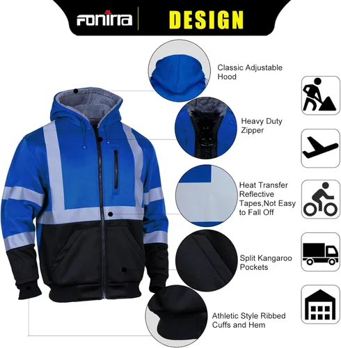 Miniatura 2 de FONIRRA - Sudadera con capucha de alta visibilidad para hombres, con forro polar, seguridad ANSI clase 3, chaqueta de trabajo con parte inferior Azul