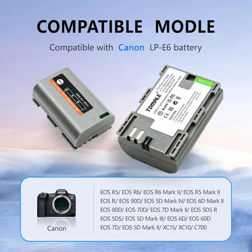 Miniatura 5 de Paquete de 1 batería de repuesto de 2600 mAh para LP-E6NH LP-E6N LP-E6 con puerto de carga directa tipo C compatible con cámara Canon EOS R R5 R6 R7