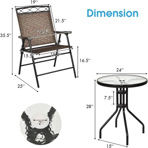 Miniatura 3 de S AFSTAR Juego de muebles de comedor de 3 piezas, mesa redonda de vidrio texturizado con agujero para paraguas, juego de conversación al aire libre