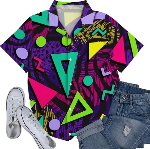 Miniatura 4 de Trajes de los años 80 y 90 para mujer, camiseta temática de fiesta de los años 80, camisas hawaianas con botones de los años 90, camisetas retro