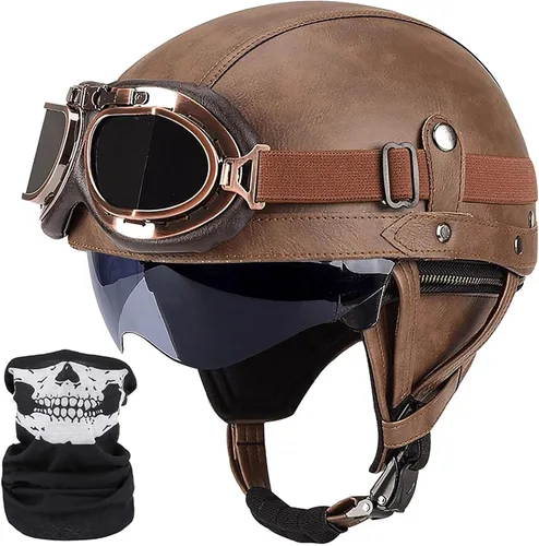 Miniatura 13 de Casco de motocicleta de estilo alemán, casco de cuero retro, aprobado por el DOT, para adultos, hombres y mujeres, casco de media cara vintage