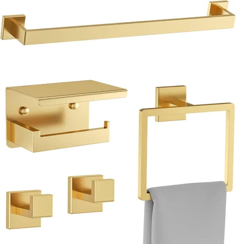 Miniatura 9 de Juego de accesorios de baño de 10 piezas en oro cepillado Juego de barra de toallas doradas, toallero/estante para baño, juego de accesorios de baño