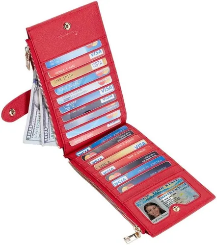 Miniatura 2 de Travelambo Billetera para mujer con bloqueo RFID plegable para múltiples tarjetas con bolsillo con cremallera, Rojo -, Minimalista