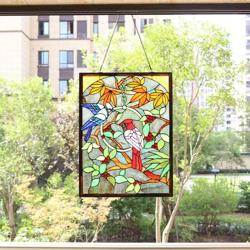 Miniatura 4 de BIeye W10052 Blue Jay and Cardinal on Branches Tiffany Style - Panel de vitral con cadena, forma rectangular, 18 pulgadas de ancho x 24 pulgadas