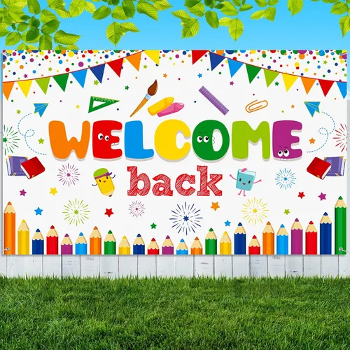 Tatuo Cartel de bienvenida de vuelta a la escuela, cartel grande de tela para el primer día de escuela, cartel de bienvenida, tablón de anuncios,