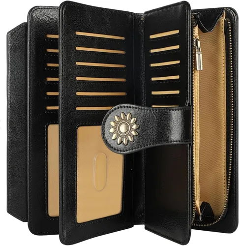 Miniatura 5 de Lavemi Carteras de cuero genuino de gran capacidad con bloqueo RFID para mujer, tarjetero con correa para la muñeca