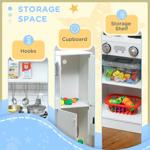 Miniatura 8 de Qaba Juego de Cocina de Juguete para Niños - Cocina de Simulación con Teléfono, Pizarra, Perchero de Toallas, Máquina de Hielo, 5 Accesorios