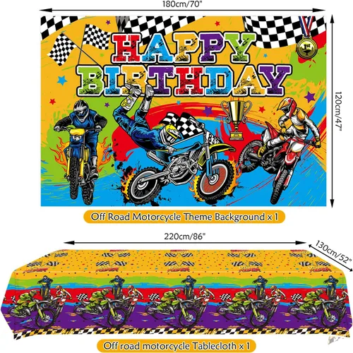 Miniatura 3 de Suministros de fiesta de motocross, incluye telón de fondo de feliz cumpleaños, plato, servilleta, vasos, adornos para pasteles, bolsas de regalo