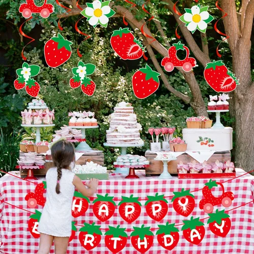 Miniatura 5 de Decoraciones de fiesta de primer cumpleaños con bayas de fresa, 12 piezas de pancarta de feliz bebé, guirnalda de serpentinas de primera flores