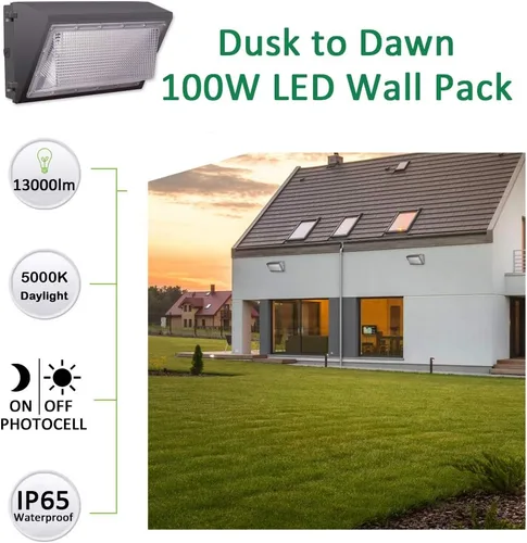 Miniatura 2 de Paquete de luz LED de pared de 100 W, fotocélula del atardecer al amanecer, 13000LM 5000K luz diurna AC100-277V IP65 impermeable LED paquete