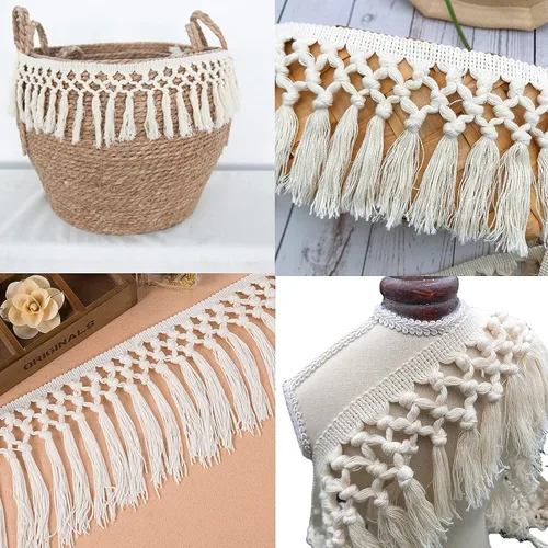 Miniatura 6 de FQTANJU Borla de algodón de 3 yardas de 5.5 in de ancho, borla de algodón, cinta bohemia de macramé para accesorios de costura, manualidades y Beige