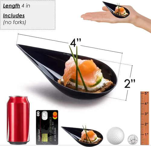 Miniatura 3 de DLux 100 platos mini de aperitivo en forma de gota de 4 pulgadas, cucharas reutilizables de plástico negro - Platos para servir postres y aperitivos