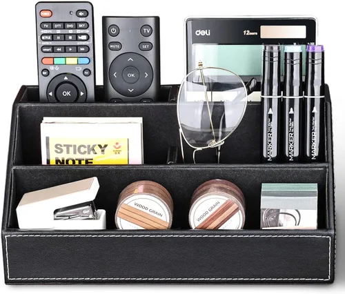 Miniatura 2 de KINGFOM™ Caja de almacenamiento y organizador de papelería multifunción para escritorio; estructura de madera y piel para la oficina del hogar; Negro
