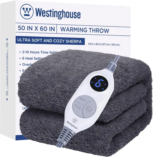 Westinghouse Manta Eléctrica Tamaño Throw, Manta Térmica de Felpa Suave Sherpa con 6 Niveles de Calefacción y 2-10 Horas de Apagado Automático, Gris