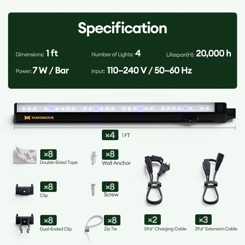 Miniatura 9 de Maygrove Luces de cultivo para plantas de interior, lámpara LED de crecimiento de espectro ajustable de 1 pie de 28 W (4 x 7 W), tira de luz de rojo