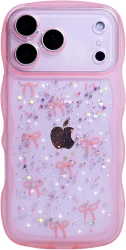 Miniatura 55 de Qokey Funda para iPhone 12 Pro Max de 6.7 pulgadas, diseño de onda rizada, borde transparente, brillante con purpurina, estrella brillante, bonita