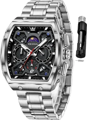 Miniatura 10 de OLEVS Men Watches Business Dress Chronograph Big Square Quartz Analog Male Watch Silicone Strap Waterproof Date Gift Mens Wrsit Watch Silver