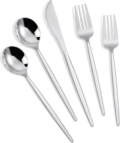 Miniatura 11 de MirthMood - 36 cubiertos de plástico dorados, cubiertos dorados desechables, utensilios desechables resistentes, juego de cubiertos de plástico
